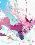  1girl animal_ear_hairband animal_ears arcaea artist_name bare_shoulders black_skirt boots bow bowtie bug butterfly closed_eyes commentary detached_collar detached_sleeves dress fake_animal_ears frilled_sleeves frills full_body hairband high-low_skirt highres holding holding_stuffed_toy kou_(arcaea) lace-up_boots long_hair long_sleeves m1zu_00 open_mouth pink_hair pleated_skirt rabbit_ear_hairband rabbit_ears red_dress signature skirt sleeves_past_fingers sleeves_past_wrists smile solo strapless strapless_dress stuffed_animal stuffed_toy teddy_bear very_long_hair wide_sleeves 