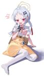  1girl absurdres blue_archive blush braid commentary fang full_body grey_hair hair_ornament halo hand_up highres kindergarten_uniform letter_hair_ornament long_hair looking_at_viewer name_tag open_mouth pantyhose purple_eyes red_ribbon ribbon sb_lama shirt short_eyebrows simple_background sitting skirt solo suiko_(blue_archive) suspender_skirt suspenders twin_braids white_background white_pantyhose white_shirt yellow_halo yellow_skirt 