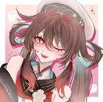  1girl bare_shoulders brown_hair chinese_clothes commentary eyewear_on_head flower-shaped_pupils genshin_impact glasses hair_between_eyes hat highres hu_tao_(cherries_snow-laden)_(genshin_impact) hu_tao_(genshin_impact) long_hair looking_at_viewer official_alternate_costume one_eye_closed open_mouth red-tinted_eyewear red_eyes round_eyewear smile solo sui_ojin symbol-shaped_pupils teeth tinted_eyewear twintails untranslatable_commentary upper_teeth_only white_hat 