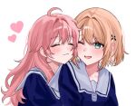  2girls aqua_eyes blue_dress brown_hair closed_eyes closed_mouth commentary dress heart kagari_mimi kimi_ga_shinu_made_koi_wo_shitai long_hair multiple_girls nananatu_1218 one_eye_closed open_mouth pink_hair sailor_dress school_uniform shirt short_hair simple_background smile totsuki_shiina white_background white_shirt yuri 