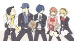  2girls 3boys aigis_(persona) android bag baseball_cap belt black_hair black_jacket black_pants black_ribbon black_skirt black_socks blonde_hair blue_eyes blue_hair blue_shirt bow bowtie brown_eyes brown_hair cardigan chips_(food) choker closed_eyes commentary_request earphones_removed eating facing_another feet_out_of_frame flipped_hair food gekkoukan_high_school_uniform hair_over_one_eye hat highres holding holding_bag holding_food holding_magazine iori_junpei jacket kneehighs long_sleeves looking_at_another looking_at_object loose_bowtie magazine_(object) miniskirt mochizuki_ryouji mouth_hold multiple_boys multiple_girls neck_ribbon open_clothes open_jacket open_mouth pants persona persona_3 pink_cardigan pleated_skirt potato_chips red_bow red_bowtie ribbed_cardigan ribbon scarf school_uniform shirt short_hair sitting skirt socks straight-on takeba_yukari tkimnh white_background white_choker white_shirt wing_collar yellow_scarf yuuki_makoto_(persona_3) 