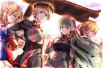  2boys 2girls blonde_hair blunt_ends commentary_request flat_cap floating_ribbon grey_eyes grid_skirt hairband hat headphones high_side_ponytail hime_cut kamiya_rei_(kyoto_xanadu) kyoto_xanadu long_hair long_sidelocks long_single_sidelock looking_at_viewer multiple_boys multiple_girls newsboy_cap one_eye_closed red_hairband rikudo_fuka short_hair side_ponytail sidelocks simple_background smile xiacheng_tatsuya 