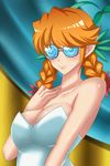  bad_id bad_pixiv_id bare_shoulders braid breasts cleavage coke-bottle_glasses dress freckles freckles_(space_dandy) glasses highres large_breasts light_smile long_hair m_(masa11051105) orange_hair plant plant_on_head pointy_ears smile solo space_dandy strapless strapless_dress twin_braids white_dress 
