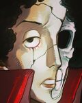  1boy afro aged_down black_hair body_horror brook_(one_piece) chinese_commentary close-up commentary_request crack cracked_face cracked_kawaii_mask exposed_skull flag869870446 jacket male_focus one-eyed one_piece portrait red_jacket skeletal_face solo 
