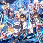  2girls 4girls artist_name black_hair blonde_hair blue_eyes blue_hair commentary_request flat_cap grey_eyes haori hat headphones headphones_around_neck high_side_ponytail highres hime_cut holding holding_sword holding_weapon japanese_clothes kamiya_rei_(kyoto_xanadu) kyoto_xanadu linon_(kyoto_xanadu) long_hair looking_at_viewer multiple_girls nakiri_sena newsboy_cap open_mouth rikudo_fuka rurui_(kyoto_xanadu) short_hair side_ponytail simple_background sword tinybiard weapon white_haori 