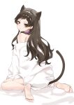  1girl absurdres animal_collar animal_ears barefoot brown_eyes cat_ears cat_girl cat_tail closed_mouth collar commentary_request full_body highres idolmaster idolmaster_million_live! kamen_per kemonomimi_mode kitazawa_shiho looking_at_viewer looking_back naked_shirt purple_collar shirt signature sitting soles solo tail toes turning_head wariza white_shirt 