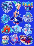  :o azelf black_sclera blue_background blue_eyes blue_theme closed_mouth colored_sclera dialga empoleon fangs forehead_jewel froslass full_body highres kyogre latios minun no_humans open_mouth oshawott outline phione pokemon pokemon_(creature) pokemon_focus red_eyes rotom rotom_(wash) shichi_(7cube_ori) shinx shinx_(male) simple_background smile white_outline wooper yellow_eyes yellow_pupils yellow_sclera 