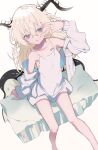  1girl barcode barcode_tattoo bare_legs bare_shoulders barefoot blonde_hair blue_eyes collarbone commentary_request commission dress flat_chest hair_between_eyes hand_up horns jacket long_hair looking_at_viewer messy_hair multicolored_eyes off_shoulder original oversized_clothes parted_lips shiromiso simple_background sitting sitting_on_object skeb_commission solo tattoo thick_tail white_background white_dress white_jacket 