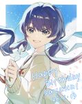  1girl blue_background blue_sky border brown_dress cardigan cloud commentary dated day dress happy_birthday hasu_no_sora_school_uniform highres long_sleeves looking_at_viewer love_live! love_live!_hasu_no_sora_jogakuin_school_idol_club murano_sayaka neckerchief open_cardigan open_clothes outside_border red_neckerchief ruoguiling sailor_collar sailor_dress school_uniform sky solo untranslatable_commentary virtual_youtuber white_border white_cardigan white_sailor_collar winter_uniform 