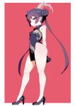  1girl arms_behind_back ass black_dress black_gloves black_hair black_shoes blue_archive border bottomless breasts china_dress chinese_clothes clfmsh99 closed_mouth commentary_request contrapposto disdain double_bun dragon_print dress from_below from_side full_body gloves grey_eyes grey_halo hair_bun hair_ornament halo high_heels highres kisaki_(blue_archive) light_blush long_hair long_legs looking_at_viewer no_panties outside_border pelvic_curtain pink_background shoes sidelocks simple_background sleeveless sleeveless_dress small_breasts solo standing twintails very_long_hair white_border 