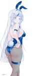  1girl absurdres adjusting_clothes adjusting_leotard ahoge animal_ears aokumo_rin ass blue_eyes blue_leotard blue_streaks blush breasts cloud_hair_ornament colored_eyelashes commentary_request fake_animal_ears fake_tail feet_out_of_frame from_behind grey_hair grey_pantyhose hair_intakes hair_ornament hand_on_own_ass highres korean_commentary leotard long_hair looking_at_viewer looking_back median_furrow medium_breasts multicolored_hair pantyhose parted_lips playboy_bunny rabbit_ears rabbit_tail signature simple_background solo standing stellive straight_hair strapless strapless_leotard streaked_hair tail thigh_strap turning_head very_long_hair vini_(frisco) white_background white_eyelashes white_wrist_cuffs wrist_cuffs 