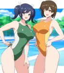  1girl back_cutout blue_hair blue_sky blush breasts brown_eyes brown_hair clothing_cutout cloud cloudy_sky commentary_request competition_swimsuit cowboy_shot day green_one-piece_swimsuit hair_ribbon highleg highleg_one-piece_swimsuit highres hiryuu_(kancolle) kantai_collection large_breasts long_hair looking_at_viewer mayomaru1 one-piece_swimsuit one_eye_closed open_mouth outdoors pool ribbon short_hair side_ponytail skinny sky smile souryuu_(kancolle) standing swimsuit twintails water yellow_one-piece_swimsuit 