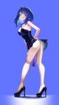  1girl absurdres alternate_costume arched_back ass bare_arms bare_shoulders black_shoes blue_background blue_dress blue_eyes blue_hair blush breasts cleavage clenched_teeth collarbone commentary dress from_side full_body hand_on_own_hip high_heels highres jyuunen-kun large_breasts leaning_forward legs looking_at_viewer make_heroine_ga_oo_sugiru! medium_hair pantyhose pantylines revision shoes short_dress smile solo standing strapless strapless_dress teeth thighs white_pantyhose yanami_anna 