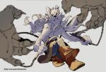  1boy absurdres animal_ears artist_name bakushi_(smys2017) boots brown_boots chain claws commentary_request copyright_notice dog_boy dog_ears dual_wielding fangs furry furry_male grey_background highres holding holding_pickaxe jean_(si_land) looking_at_another male_focus official_art pickaxe si_land sketch_inset squatting sweat topless_male unfinished 