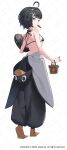  1girl absurdres ahoge angrycat_(tkuw2438) animal_costume arknights arknights:_endfield back basket bikini black_bikini black_hair commentary copyright_notice endministrator_(arknights) female_endministrator_(arknights) food_in_mouth from_behind full_body grey_eyes highres holding holding_basket looking_at_viewer looking_back median_furrow penguin_costume sentient_stuffed_toy shoulder_blades simple_background solo stuffed_animal stuffed_penguin stuffed_toy swimsuit untranslatable_commentary white_background 