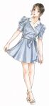  1girl ankle_strap bare_legs belt_ribbon blue_dress breasts brown_eyes brown_hair buttons clothes_lift collar collarbone crossed_legs double-breasted dress eyelashes full_body head_tilt high_heels highres janarp4 leaning_to_the_side lifting_own_clothes medium_hair open-toe_shoes original parted_lips ponytail puffy_short_sleeves puffy_sleeves short_dress short_sleeves simple_background skirt skirt_lift slim_legs small_breasts solo standing strappy_heels teeth white_background white_collar 