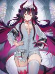  1girl ahoge arm_belt armband artist_name belt black_armband black_belt body_markings breasts breasts_apart buttons collarbone collared_shirt colored_extremities commentary danraz0r diamond_(shape) dragon_girl dragon_horns dragon_tail english_commentary floating_hair hair_between_eyes hands_on_own_hips highres horns id_card indoors large_breasts long_hair long_sleeves looking_at_viewer multicolored_hair multicolored_horns nail_polish neverness_to_everness parted_lips partially_open_shirt partially_unbuttoned pink_streaks purple_hair purple_nails red_eyes red_horns shinku_(nte) shirt solo stained_glass standing streaked_hair tail thighhighs thighs v-shaped_eyebrows very_long_hair white_belt white_shirt white_thighhighs window 