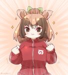 1girl animal_ears black_eyes breasts brown_hair coroha cow_ears cow_girl extra_ears green_ribbon japari_symbol jersey jersey_cattle_(kemono_friends) kemono_friends kemono_friends_3 large_breasts long_hair looking_at_viewer pink_background ribbon simple_background solo upper_body 