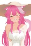  1girl 4kebidayo animal_ears bare_shoulders blush breasts cleavage closed_eyes collarbone commentary dress eyelashes facing_viewer fangs grin hair_intakes hat highres hololive hololive_english large_breasts long_hair multicolored_hair panther_ears panther_girl panther_tail pink_hair pink_lips pink_tail raora_panthera simple_background smile solo streaked_hair sun_hat sundress tail teeth two-tone_hair virtual_youtuber white_background white_dress yellow_hat 