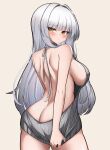  1girl absurdres ass backless_outfit backless_sweater bare_back black_survival blunt_bangs blush breasts brown_background closed_mouth clothes_tug commentary_request cowboy_shot embarrassed eternal_return:_black_survival from_behind geah grey_sweater hair_intakes highres large_breasts long_hair looking_at_viewer looking_back median_furrow naked_sweater partial_commentary raised_inner_eyebrows ribbed_sweater rio_(black_survival) shoulder_blades sideboob simple_background solo sweater sweater_tug virgin_killer_sweater white_hair yellow_eyes 