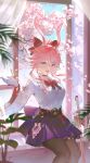  1girl absurdres animal_ears black_pantyhose bow bowtie cherry_blossoms commentary_request curtains evanescia_(honkai:_star_rail) falling_petals flower fox_ears fox_girl gloves hair_bow hair_flower hair_ornament hand_up highres honkai:_star_rail honkai_(series) indoors jacket long_sleeves looking_at_viewer open_mouth pantyhose petals pink_hair red_bow red_bowtie shirt short_hair sitting skirt smile solo tikakaa white_gloves white_jacket white_shirt window 
