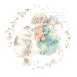  1girl blush_stickers cat cat_teaser closed_mouth commentary_request dress flower green_dress grey_hair holding holding_stuffed_toy long_hair mura_(yoshishi_ff) no_shoes original painting_(medium) smile socks solo stuffed_animal stuffed_toy tareme teddy_bear traditional_media twintails watercolor_(medium) watermark white_background white_flower white_socks 