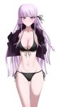  1girl absurdres bikini black_bikini black_gloves black_jacket black_ribbon blunt_bangs blush braid breasts cleavage collarbone commentary_request cowboy_shot danganronpa:_trigger_happy_havoc danganronpa_(series) gloves groin hair_ribbon highres jacket kirigiri_kyoko koha_2652 long_hair navel open_clothes open_jacket pink_hair ribbon side_braid simple_background solo stomach swimsuit white_background 