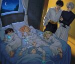  4girls age_difference agott_arklaum_(tongari_boushi_no_atelier) alysius_art ass black_hair blonde_hair blue_hair brushbuddy child coco_(tongari_boushi_no_atelier) commentary creature crescent english_commentary highres long_hair magic magical_girl multiple_boys multiple_girls night olruggio_(tongari_boushi_no_atelier) pink_hair purple_hair qifrey_(tongari_boushi_no_atelier) richeh_(tongari_boushi_no_atelier) short_hair sleeping tetia_(tongari_boushi_no_atelier) tongari_boushi_no_atelier white_hair 