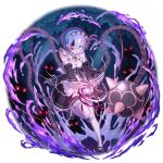  1girl apron black_ribbon black_sleeves blue_eyes blue_hair breasts chain cleavage detached_sleeves full_body game_asset glowing glowing_eye glowing_horns grand_summoners hair_ornament hair_over_one_eye hair_ribbon horns looking_at_viewer magic maid maid_headdress mary_janes neck_ribbon official_art pantyhose pink_ribbon purple_ribbon re:zero_kara_hajimeru_isekai_seikatsu red_eyes rem_(re:zero) ribbon roswaal_mansion_maid_uniform shoes short_hair skirt smile solo weapon white_apron white_background white_pantyhose 
