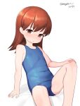  1girl absurdres aged_down alternate_costume blue_one-piece_swimsuit brown_eyes brown_hair commentary_request feet_out_of_frame flat_chest highres kantai_collection long_hair maru_(marg0613) old_school_swimsuit one-hour_drawing_challenge one-piece_swimsuit ooi_(kancolle) school_swimsuit simple_background sitting solo swimsuit white_background 
