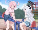  2girls ahoge alternate_costume bare_shoulders black_halo blue_archive blue_eyes blue_skirt blush closed_mouth commentary_request demon_girl demon_horns demon_wings denim denim_skirt fang grey_hair half_updo halo heterochromia highres hina_(blue_archive) horns hoshino_(blue_archive) layered_skirt looking_at_viewer miniskirt multiple_girls off-shoulder_shirt off_shoulder open_mouth outdoors pink_hair pink_halo pink_shirt playground purple_eyes seesaw shengtian shirt short_sleeves sitting skin_fang skirt smile striped_clothes striped_shirt vertical-striped_clothes vertical-striped_shirt white_hair white_shirt wings yellow_eyes 