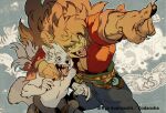  2boys animal_ears artist_name bakushi_(smys2017) bara claws commentary_request copyright_notice dog_boy dog_ears dog_tail earrings fangs furry furry_male jean_(si_land) jewelry king_zahab_(si_land) lion_boy lion_ears lion_mane looking_to_the_side male_focus multiple_boys muscular muscular_male official_art open_mouth pectorals pointing pointing_to_the_side red_shirt scar scar_on_chest shirt si_land smile tail topless_male 