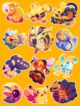  arceus black_sclera closed_eyes closed_mouth colored_sclera electivire elekid fangs forehead_jewel full_body giratina giratina_(origin) green_sclera half-closed_eyes highres jirachi lunatone mawile no_humans nostrils numel open_mouth outline pikachu pokemon pokemon_(creature) pokemon_focus red_eyes shedinja shichi_(7cube_ori) simple_background skin_fangs smile teeth uxie vespiquen white_outline yellow_background yellow_theme 