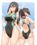  :d ass black_hair breasts brown_eyes chikuma_(kantai_collection) competition_swimsuit flying_sweatdrops highleg highleg_swimsuit highres kantai_collection large_breasts long_hair looking_at_viewer looking_back multiple_girls one-piece_swimsuit open_mouth smile swimsuit tone_(kantai_collection) v-shaped_eyebrows yoshi_tama 