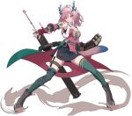  1girl absurdres arknights arknights:_endfield azk2 bare_shoulders black_boots black_skirt blue_tail boots breasts closed_mouth commentary dust eyes_visible_through_hair fighting_stance fingerless_gloves full_body gloves green_thighhighs hair_intakes hair_over_one_eye highres horns knee_boots long_hair looking_at_viewer medium_breasts mi_fu_(arknights) mole mole_under_eye pink_gloves pink_hair pink_shirt pink_tail pleated_skirt pointy_ears red_eyes shirt simple_background skirt solo standing sword tail tassel thigh_strap thighhighs vest weapon white_background white_vest wi-fi_symbol 