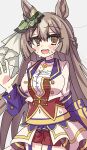  1girl absurdres animal_ears blush bodice braid breasts brown_eyes brown_hair choker cleavage collarbone commentary corset cropped_jacket double-parted_bangs ear_ornament garter_straps hair_between_eyes half_up_braid highres horse_ears horse_girl jacket large_breasts long_hair looking_at_viewer midriff multicolored_hair navel open_mouth overskirt pendant_choker purple_choker purple_garter_straps red_corset red_shorts satono_diamond_(umamusume) shorts simple_background smile solo starting_future_(umamusume) streaked_hair sweat teeth umamusume upper_teeth_only very_long_hair white_jacket ziromaru765 