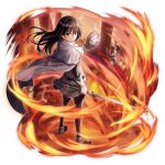  1girl aqua_trim artist_request belt black_hair black_pants black_shirt black_shoes breasts brown_eyes cloak closed_mouth elbow_gloves fire from_behind frown game_asset gloves grand_summoners hair_between_eyes hand_on_own_chest hand_on_own_hip holding holding_mask holding_sword holding_weapon impossible_clothes impossible_shirt izawa_shizue knee_up large_breasts long_hair long_sleeves looking_at_viewer mask messy_hair miniskirt multicolored_shoes official_art outdoors pants purple_belt shirt shoes short_sleeves simple_background skirt solo standing sword tensei_shitara_slime_datta_ken transparent_background two-tone_shoes unworn_mask weapon white_cloak white_gloves white_shirt white_shoes white_skirt 