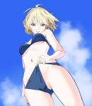  1girl alice_margatroid alternate_costume bikini blonde_hair blue_bikini blue_eyes blue_sky breasts cloud commentary_request day from_below grin groin highres looking_at_viewer looking_down navel short_hair sky small_breasts smile solo stomach swimsuit thighs touhou user_zdju2725 
