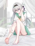  1girl absurdres alternate_costume aqua_eyes barefoot bed black_bow black_hairband blurry blurry_background blush bow breasts closed_mouth collarbone colored_tips commentary_request feet firefly_(honkai:_star_rail) full_body green_nails green_pupils green_sailor_collar green_skirt hair_between_eyes hair_bow hairband hand_in_own_hair hand_on_own_leg highres honkai:_star_rail honkai_(series) indoors knees_up large_breasts large_variant_set long_hair looking_at_viewer multicolored_hair nail_polish neckerchief on_bed panties pillow sailor_collar school_uniform serafuku shirt short_sleeves sitting skirt smile soles solo thighs toenail_polish toenails toes underwear variant_set white_panties white_shirt yellow_neckerchief yunkaiming 