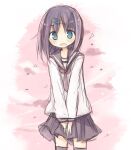  1girl amakaze_sora black_hair black_sailor_collar black_skirt black_thighhighs blue_eyes blush brown_necktie cloud cowboy_shot hair_ornament hairclip long_sleeves looking_at_viewer necktie open_mouth original own_hands_together pink_sky pleated_skirt puffy_long_sleeves puffy_sleeves sailor_collar school_uniform serafuku shirt skirt sky sleeves_past_wrists solo thighhighs white_shirt 