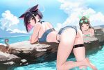  2girls absurdres airi_(blue_archive) animal_ears ass bare_arms bare_back bare_legs bare_shoulders barefoot bent_over bikini black_hair blue_archive blush breasts brown_hair cat_ears cat_girl closed_eyes cloud colored_inner_animal_ears colored_inner_hair commentary denim denim_bikini denim_shorts extra_ears eyewear_on_head green-tinted_eyewear green_bikini green_halo halo highres kazusa_(blue_archive) kazusa_(c108_swimsuit)_(blue_archive) long_hair looking_at_viewer medium_breasts micro_shorts multicolored_hair multiple_girls ocean octopus pantoking parted_lips pink_hair pink_halo ponytail red_eyes short_hair shorts sky soles sunglasses swimsuit thigh_strap tinted_eyewear two-tone_hair wet 