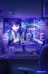  1boy :d akapii_(jun_0512) bandaged_hand bandages black_jacket chair closed_eyes collared_shirt commentary computer_keyboard copyright_name copyright_notice flower indoors jacket kenmochi_touya kenmochi_touya_(1st_costume) long_sleeves male_focus monitor necktie nijisanji official_art open_clothes open_jacket picture_frame purple_flower purple_hair purple_theme red_necktie sample_watermark school_uniform shirt short_hair smile solo untranslatable_commentary virtual_youtuber watermark white_shirt wisteria 