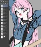  1girl aa_seira arm_up art_program_in_frame bang_dream! bang_dream!_it's_mygo!!!!! black_choker blue_jacket chihaya_anon choker commentary_request fang guitar_strap highres jacket korean_commentary logo pink_hair solo unfinished 