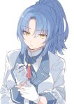  1girl adjusting_clothes adjusting_gloves ascot assault_lily benini blue_ascot blue_hair breasts closed_mouth commentary frilled_sleeves frills gloves hair_between_eyes high_ponytail highres jacket long_sleeves looking_at_viewer makino_mitake medium_breasts medium_hair official_alternate_costume open_clothes open_jacket parted_bangs ponytail shirt simple_background solo twitter_username upper_body white_background white_gloves white_jacket white_shirt yellow_eyes 