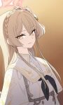  1girl absurdres black_neckerchief blue_archive braid brown_background brown_eyes brown_hair closed_mouth commentary_request crown_braid d-log_(pixiv_89613766) dress flower gradient_background hair_flower hair_ornament halo highres korean_commentary long_hair long_sleeves looking_at_viewer nagisa_(blue_archive) neckerchief sidelocks solo white_dress 