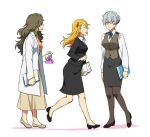  3girls black_skirt blonde_hair brown_hair catgirl0926 commentary_request erlenmeyer_flask flask genderswap genderswap_(mtf) glasses grey_hair hair_bun hair_ornament hairclip hazama_michio idolmaster idolmaster_side-m lab_coat long_hair maita_rui multiple_girls pantyhose pencil_skirt purple_eyes s.e.m_(idolmaster) simple_background single_hair_bun skirt walking white_background yamashita_jiro 