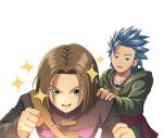  2boys bead_necklace beads blue_eyes blue_hair brown_hair camus_(dq11) coat collarbone commentary_request dragon_quest dragon_quest_xi green_tunic hero_(dq11) highres hood hood_down jewelry long_sleeves looking_at_another looking_at_viewer male_focus multiple_boys necklace open_mouth parted_bangs purple_coat rnii_dq sash short_hair sparkle spiked_hair tunic upper_body white_background 