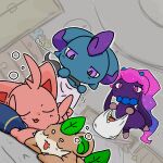  adex_thunder bag blue_fur blue_horns brown_fur cattiva closed_eyes commentary_request daedream depresso herbil holding holding_bag horns indoors leaf open_mouth pal_(creature) palworld pink_eyes pink_fur purple_eyes purple_fur sleeping small_horns two-tone_fur white_fur 