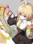  1girl absurdres ahoge bare_shoulders black_jacket black_pantyhose black_skirt blonde_hair breasts brown_pantyhose closed_mouth collared_shirt commentary cowboy_shot from_above grey_background hair_between_eyes hair_intakes hair_ornament hand_up highres holding holding_paintbrush isegye_idol jacket jingburger korean_commentary long_sleeves looking_at_viewer medium_breasts miniskirt necktie off_shoulder open_clothes open_jacket paint_palette paintbrush painting_(action) pantyhose pleated_skirt pocket red_eyes shirt short_hair sitting skirt sleeveless sleeveless_shirt smile solo stonewhale0304 virtual_youtuber waktaverse white_shirt yellow_necktie 
