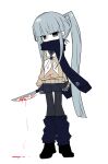  1girl black_pantyhose black_shoes blood blood_on_knife blue_eyes blue_hair blue_sailor_collar blue_scarf blue_skirt blue_socks brown_cardigan cardigan covered_mouth dot_nose expressionless fukami_(funamusea) full_body funamusea genderswap genderswap_(mtf) highres holding holding_knife knife long_hair looking_at_viewer loose_socks neckerchief no_tentacles oounabara_to_wadanohara pantyhose partially_shaded_face pleated_skirt ponytail sailor_collar scarf shoes sidelocks simple_background skirt socks solo uoyevolidsp white_background white_neckerchief 